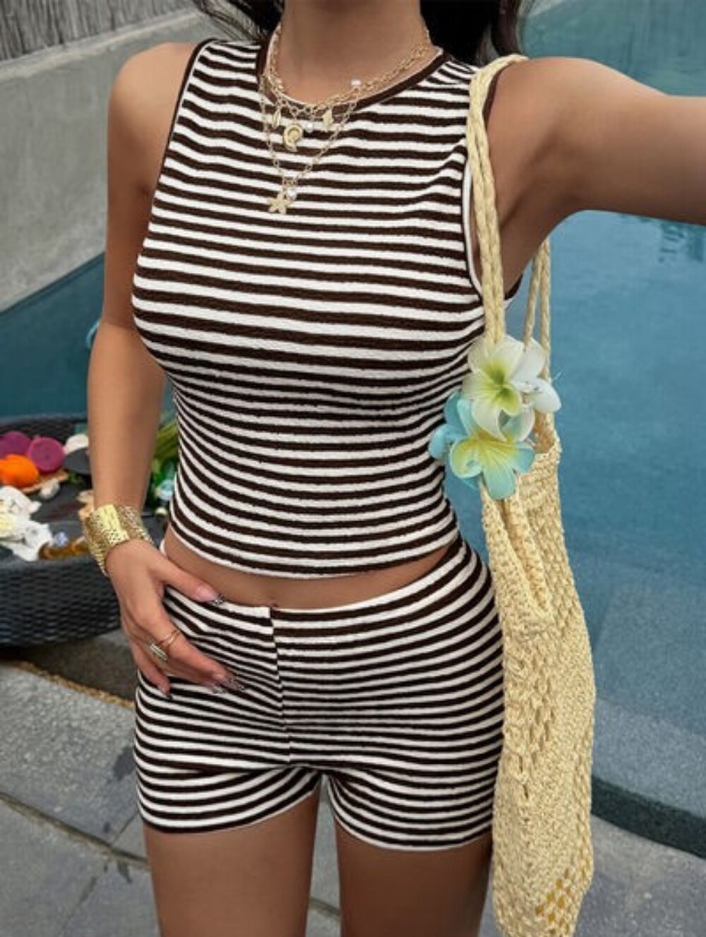 🌸Striped Brown & White Knit Tank & Shorts Set